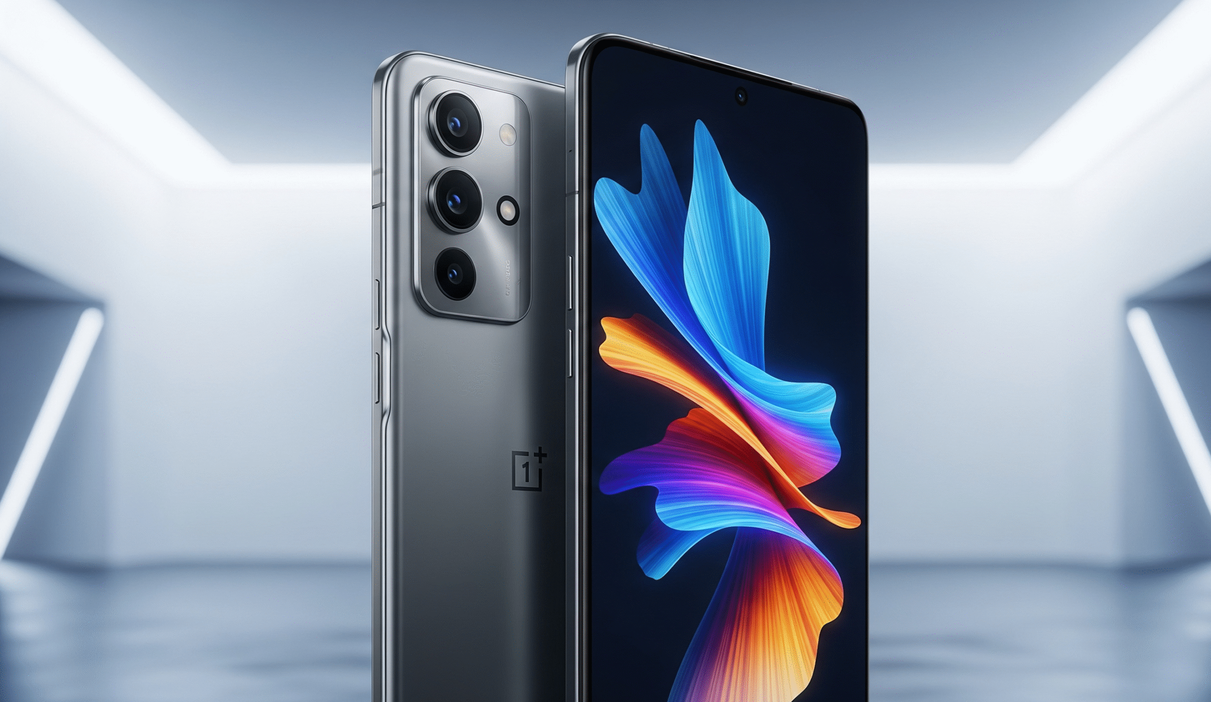 OnePlus Nord 5 smartphone with sleek design, vibrant 6.7-inch AMOLED display, and triple rear camera setup showcased in a colorful modern background – premium mid-range phone banner