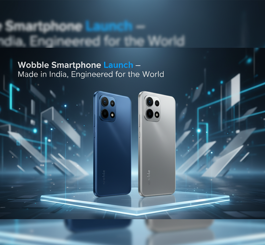 Wobble smartphone promotional banner showing blue and silver models with a punch-hole display, quad rear camera, and “Made in India, Engineered for the World” tagline on a futuristic background.