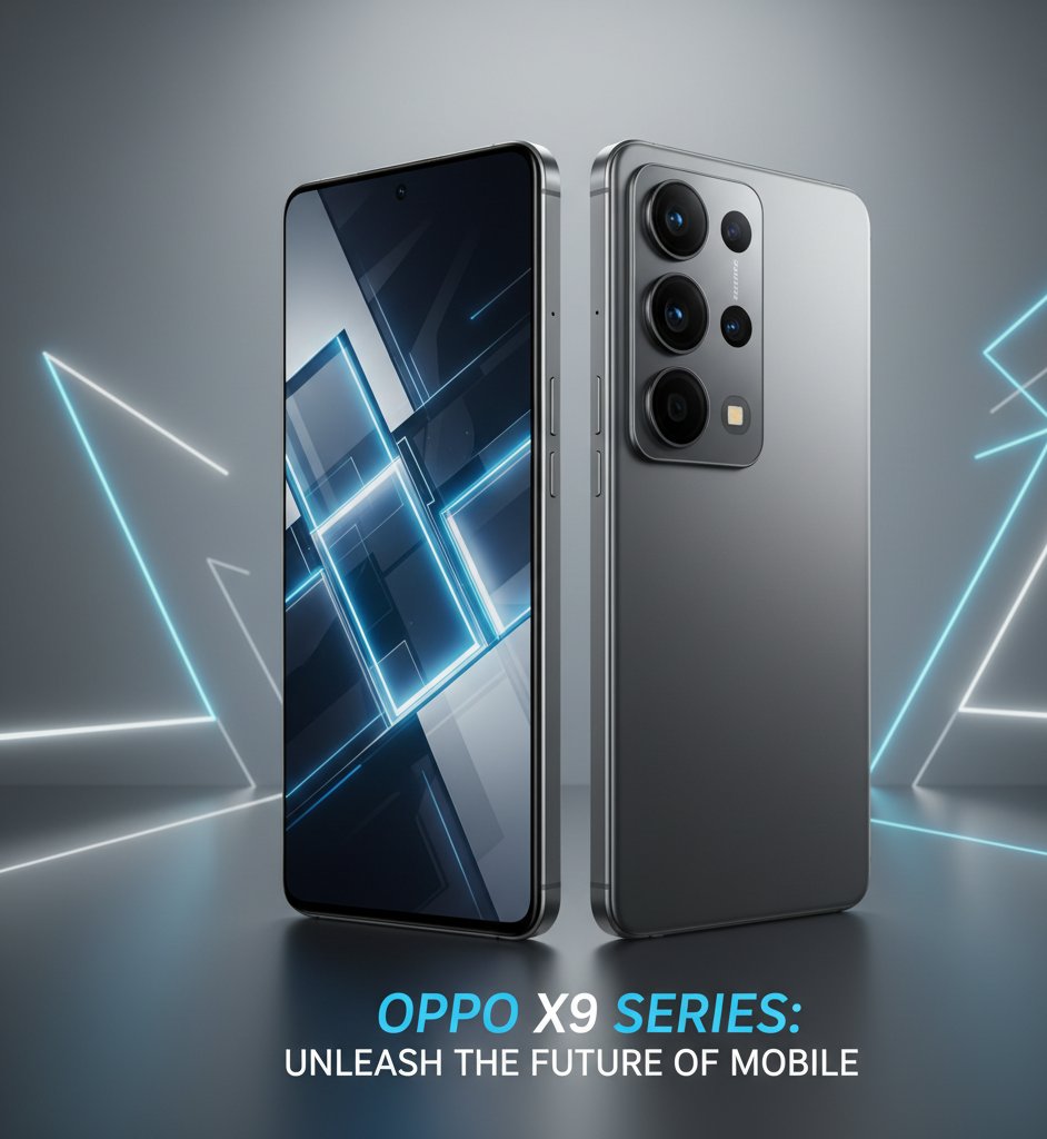 OPPO X9 and OPPO X9 Pro smartphones displayed side-by-side showcasing their sleek design, ultra-thin bezels, and Hasselblad camera module on a futuristic blue and silver background.