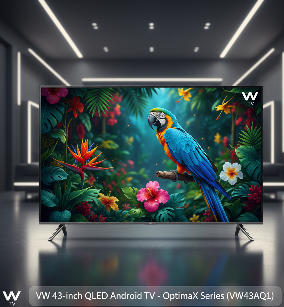 VW 109 cm (43-inch) OptimaX Series QLED Android TV VW43AQ1 displayed with vibrant QLED screen, slim bezels, and modern design in a 16:9 featured banner.