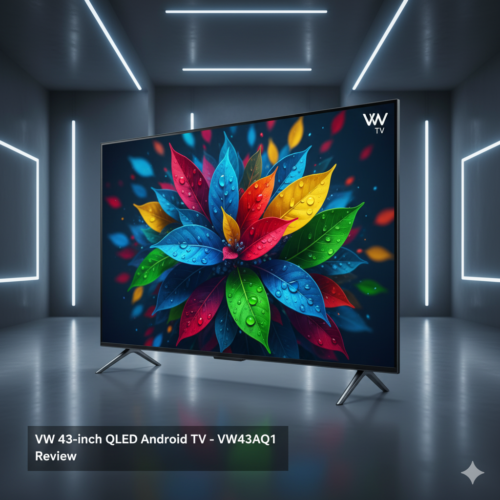 VW 109 cm (43-inch) OptimaX Series QLED Android TV VW43AQ1 displayed with vibrant QLED screen, slim bezels, and modern design in a 16:9 featured banner.