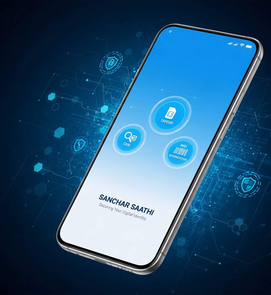 Sanchar Saathi App interface on smartphone showing CEIR and TAFCOP features for mobile tracking and fraud protection.
